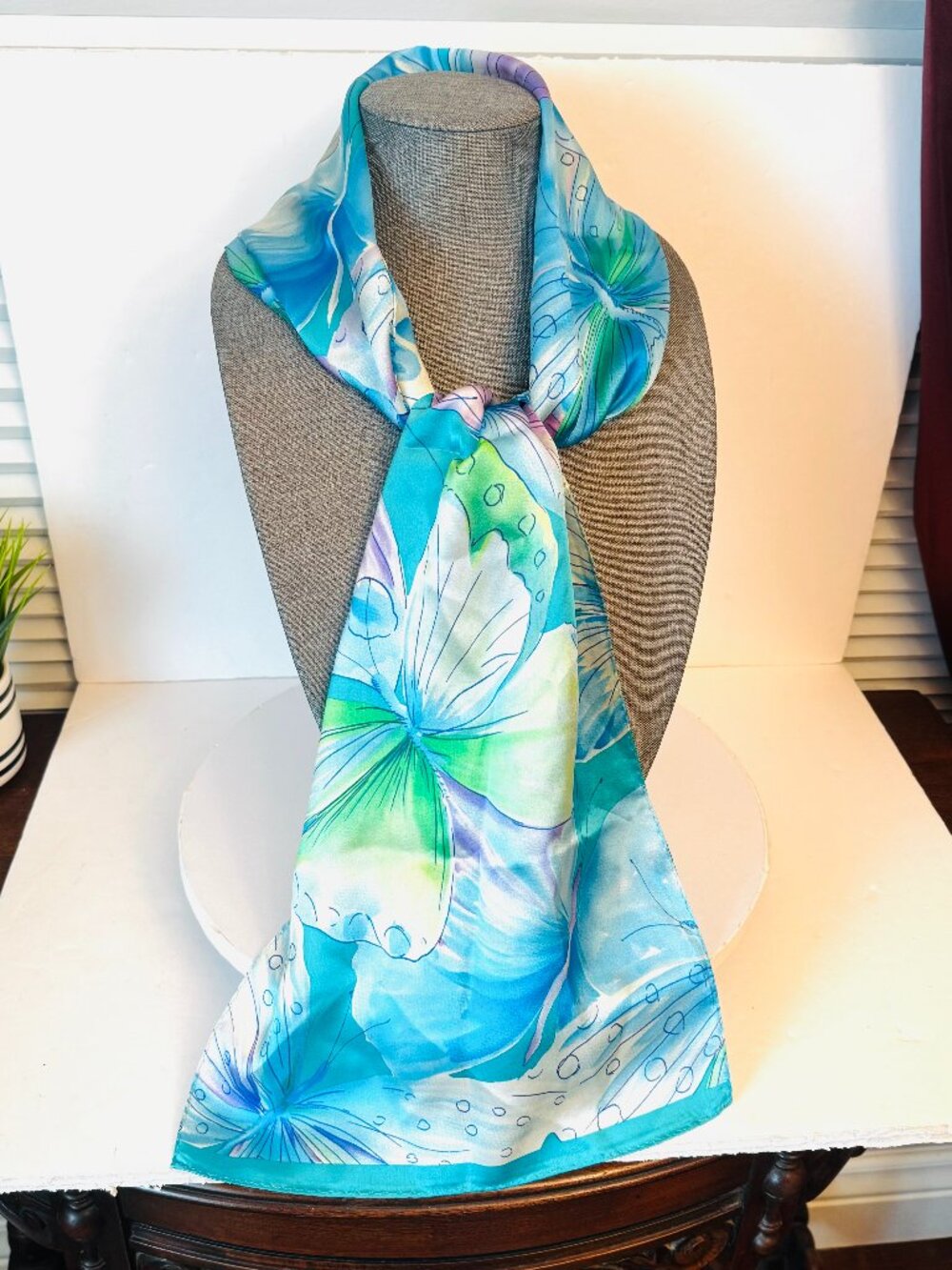 Echo Scarf 11x58 Women's Butterfly Motif 100% Silk Rectangular Emerald Green Tur
